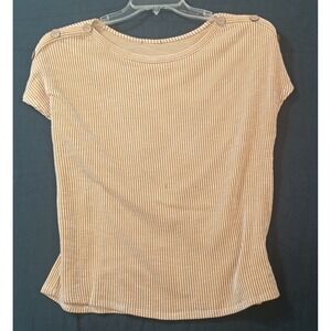 Hylete M Yellow & White Striped T-Shirt‎ Button Detail Short Sleeve cute Top Tee